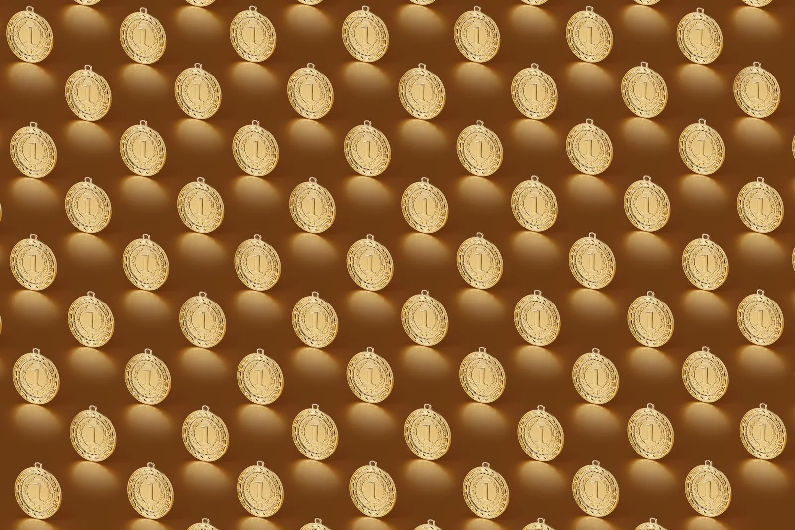 Rows of first-place gold medals on a warm gold background